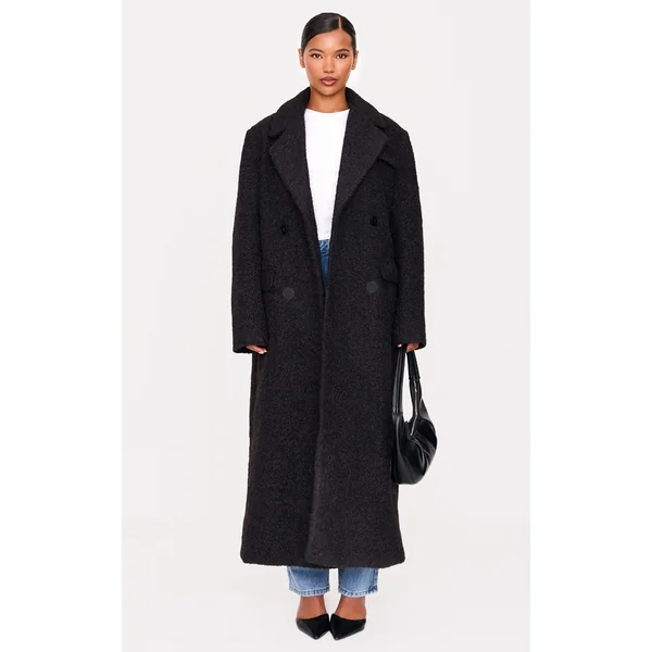 Black Wool Look Double Breasted Structured Maxi Coat