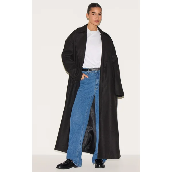 Black Wool Look Oversized Drop Shoulder Coat