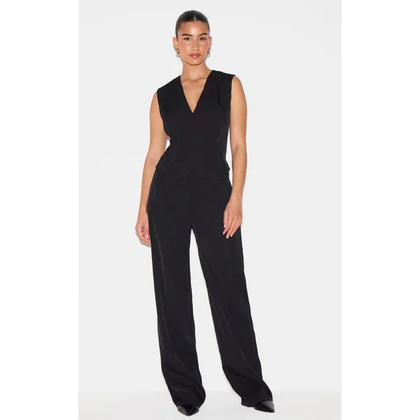 Black Woven Asymmetric Detail Vest Straight Leg Jumpsuit