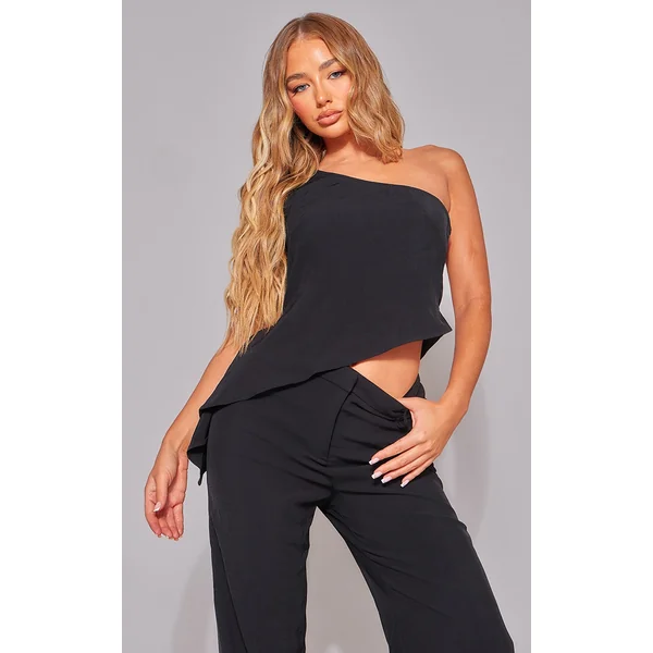 Black Woven Asymmetric Frill Detail One Shoulder Top