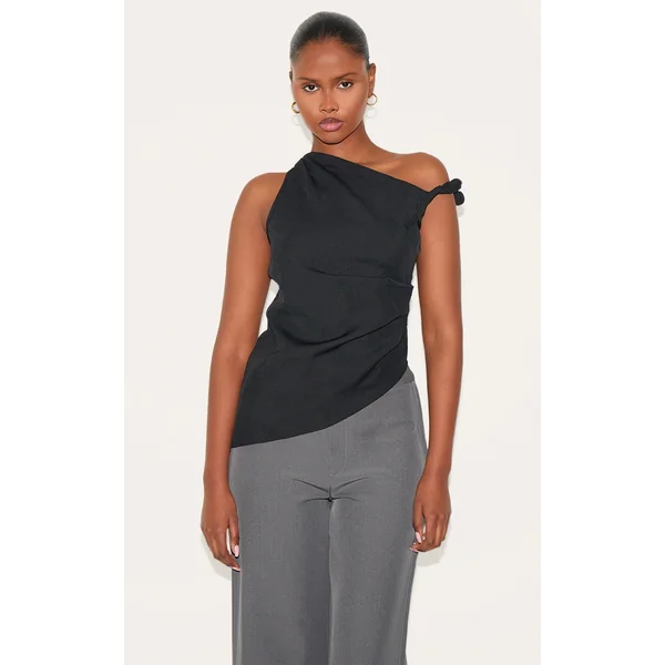 Black Woven Asymmetric Hem Ruched Long Top