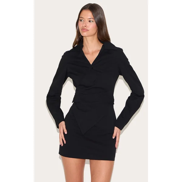Black Woven Asymmetric Pearl Detail Shirt Dress