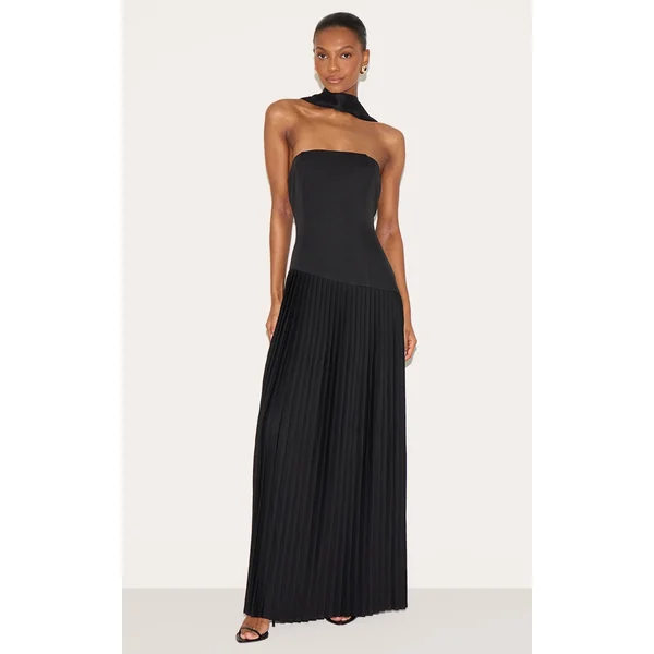 Black Woven Asymmetric Pleated Maxi Dress