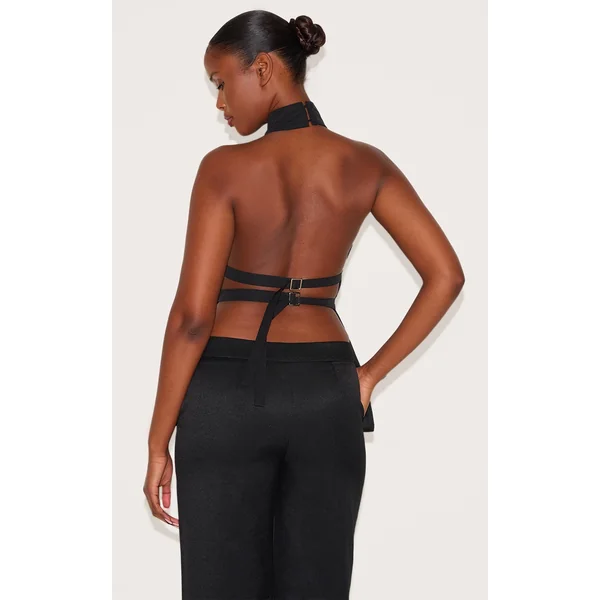 Black Woven Backless Highneck Long Top