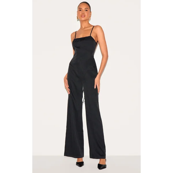 Black Woven Backless Square Neck Wide Leg Jumpsuit