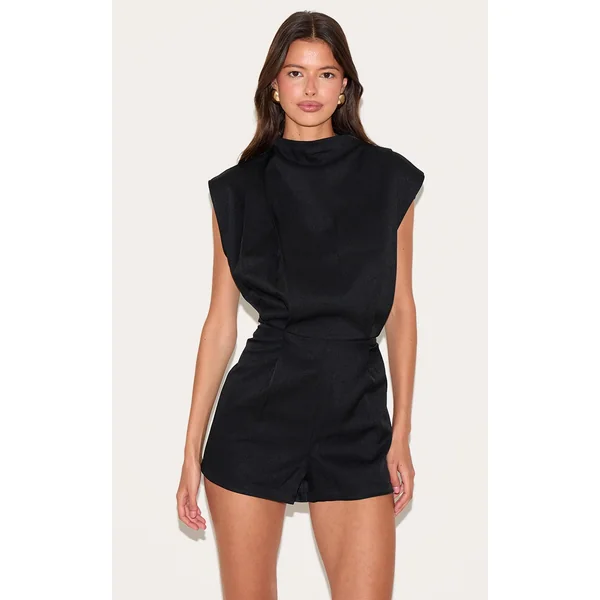Black Woven Bagged Over Boat Neck Romper