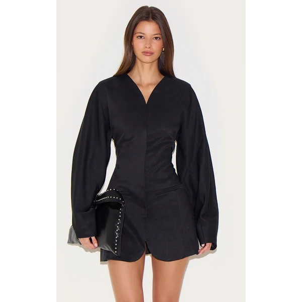 Black Woven Balloon Sleeve Collarless Blazer Dress