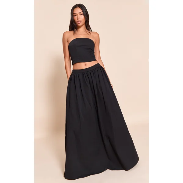 Black Woven Band Detail Pleated Maxi Skirt