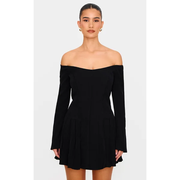 Black Woven Bardot Long Sleeve Shift Dress