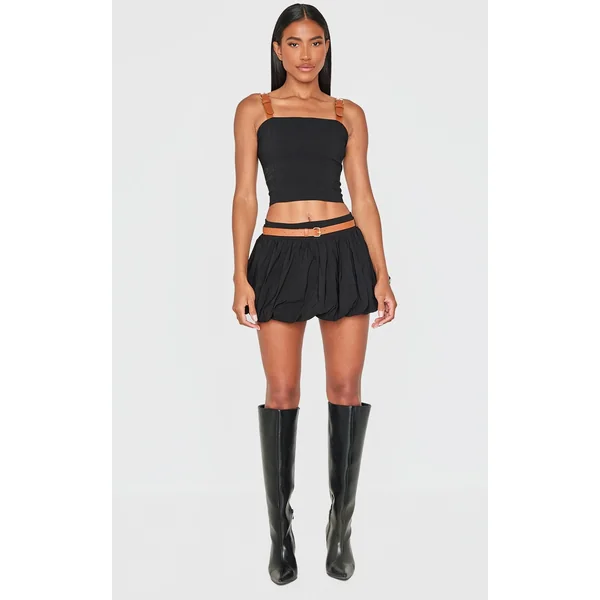 Black Woven Belted Puff Ball Skirt