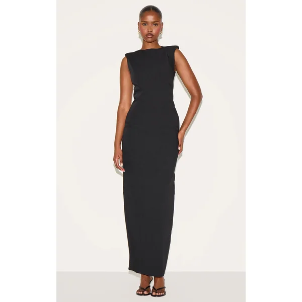 Black Woven Boat Neck Maxi Dress
