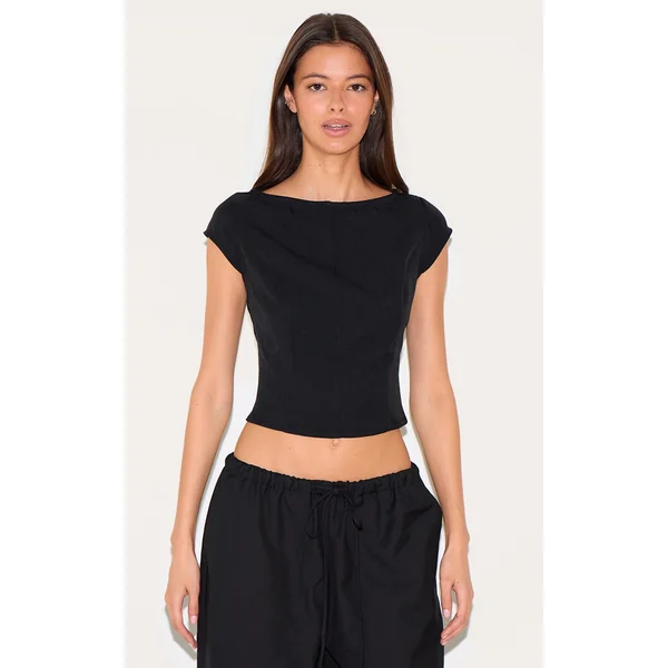 Black Woven Boatneck Top
