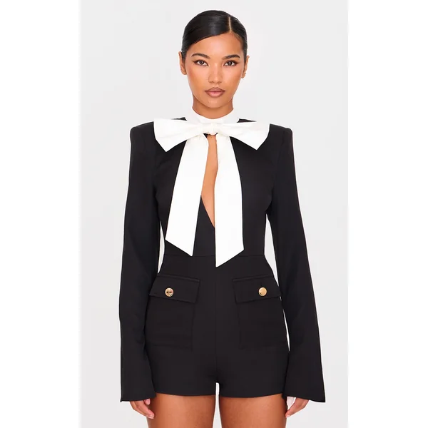 Black Woven Bow Tie Detail Romper