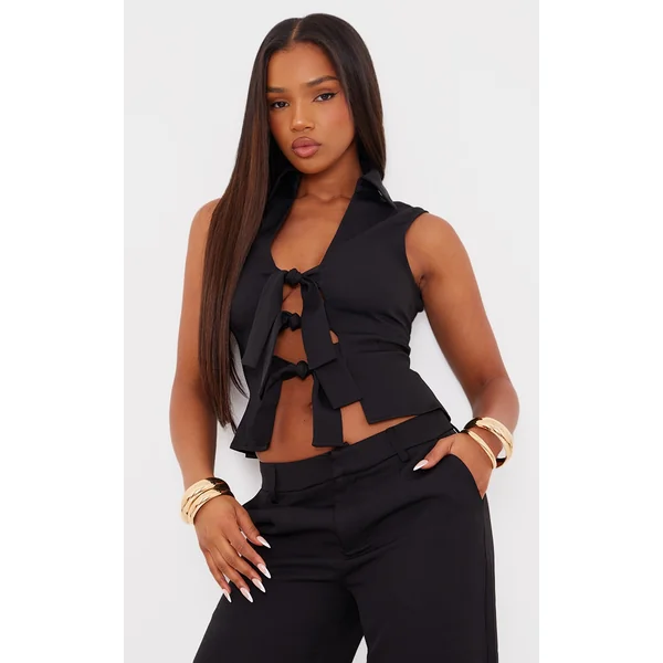 Black Woven Bow Tie Front Sleeveless Vest