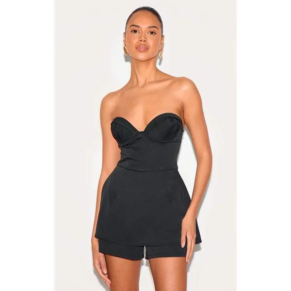Black Woven Bust Cup Detail Peplum Romper
