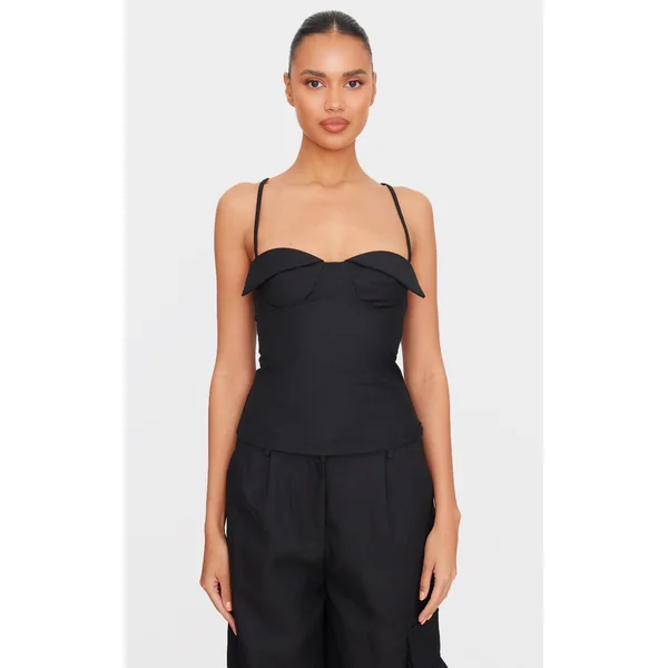 Black Woven Bust Detail Cross Strap Long Top