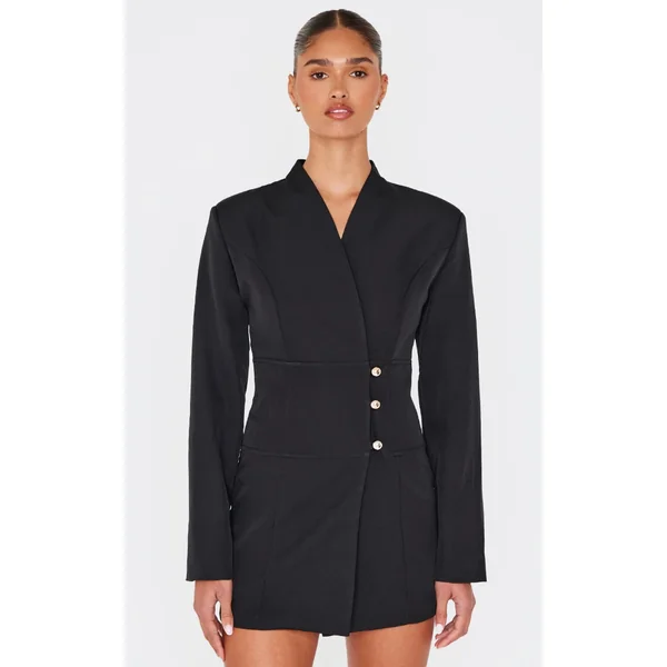 Black Woven Button Detail Blazer Dress