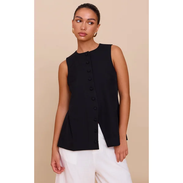 Black Woven Button Down Longline Vest