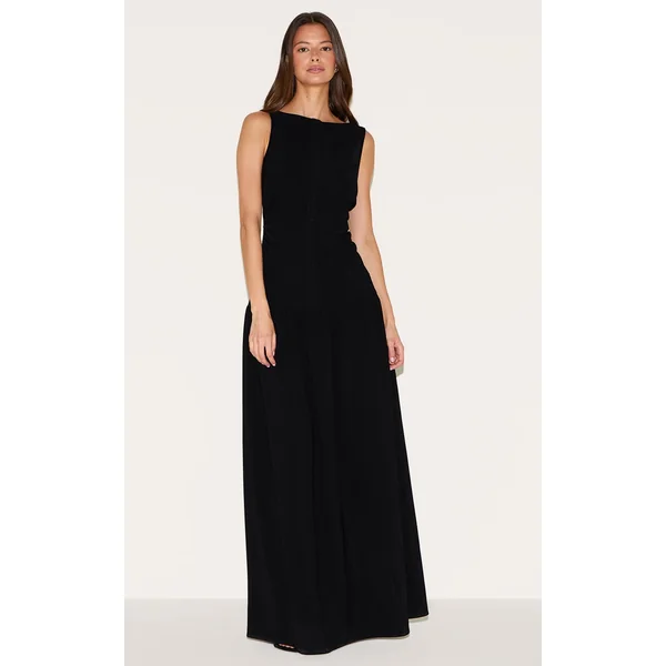 Black Woven Button Dropped Waist Maxi Dress