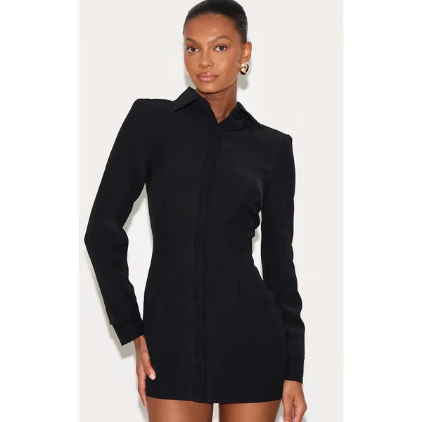 Black Woven Button Up Blazer Dress