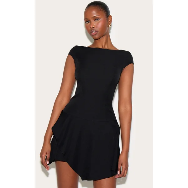 Black Woven Capped Sleeve Asymmetric Layered Shift Dress