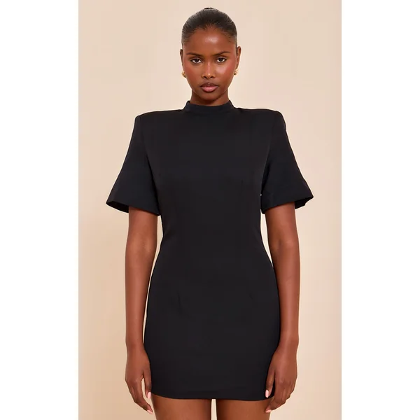 Black Woven Cinched Backless Mini Dress