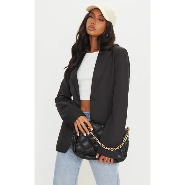 Black Woven Cinched Curve Hem Blazer