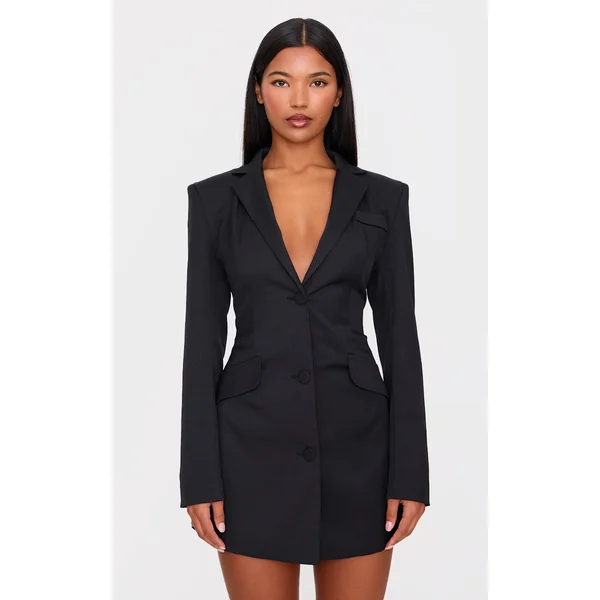 Black Woven Cinched Waist Blazer Dress