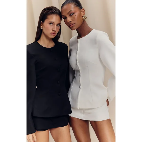 Black Woven Cinched Waist Cocoon Sleeve Button Up Blazer