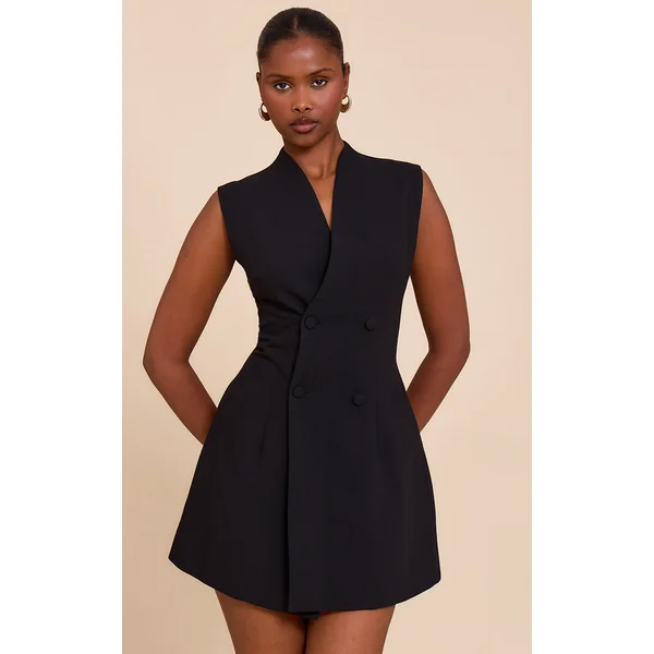 Black Woven Collarless Button Mini Dress