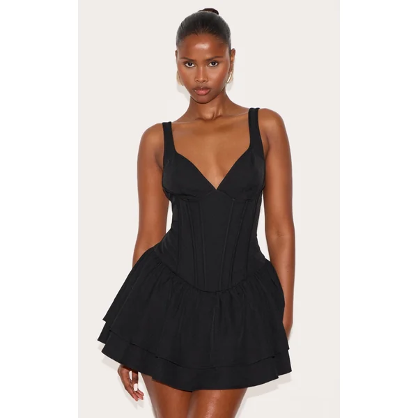 Black Woven Corset Detail Skater Skort Romper