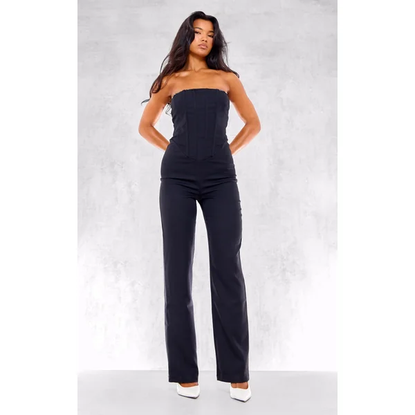 Black Woven Corset Detail Straight Leg Jumpsuit