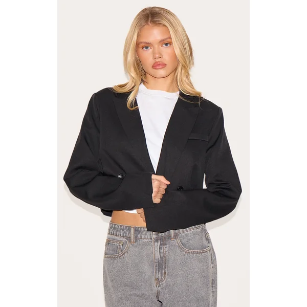 Black Woven Cropped Shoulder Padded Blazer
