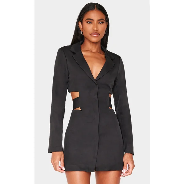 Black Woven Cut Out Tie Back Blazer Dress