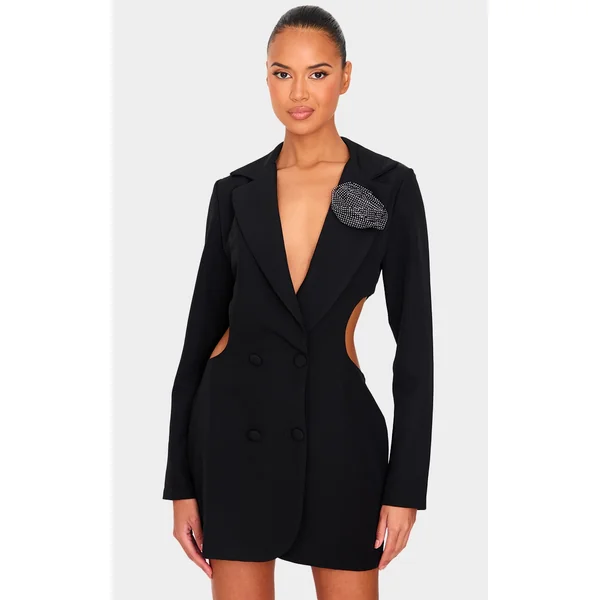 Black Woven Diamante Rose Cut Out Blazer Dress
