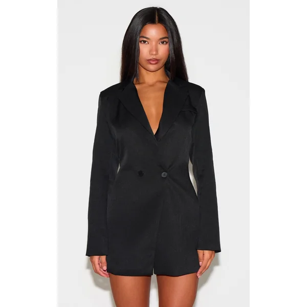 Black Woven Double Breasted Cinched Waist Blazer Dress