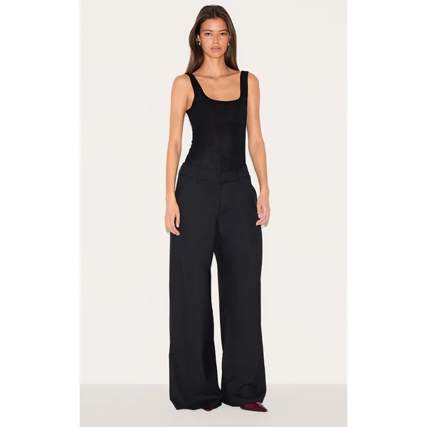 Black Woven Double Pleat Wide Leg Pants