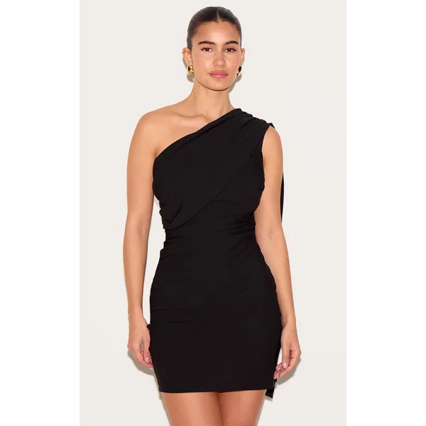 Black Woven Drape Shoulder Mini Dress