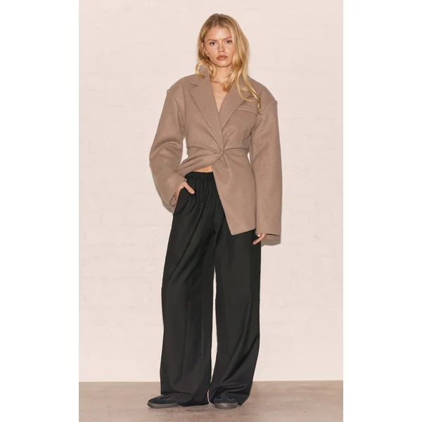 Black Woven Drawstring Low Rise Relaxed Pants