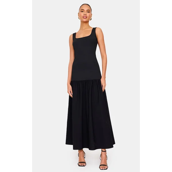 Black Woven Drop Waist Midaxi Dress