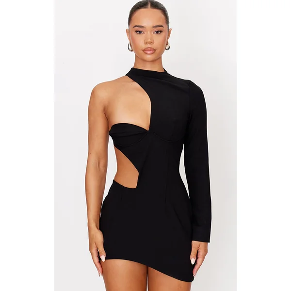 Black Woven Extreme Cut Out One Shoulder Mini Dress