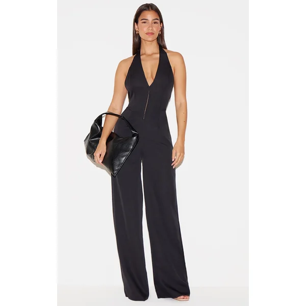Black Woven Halter Neck Hook And Eye Detail Wide Leg Jumpsuit