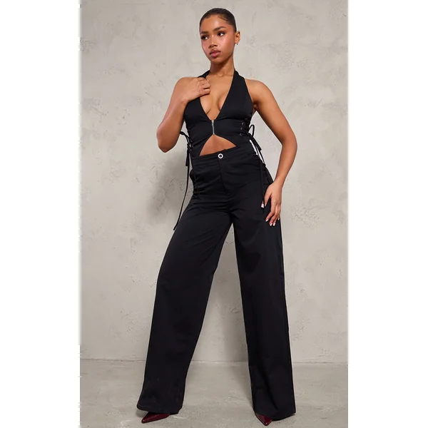 Black Woven Halter Zip Detail Lace Up Jumpsuit