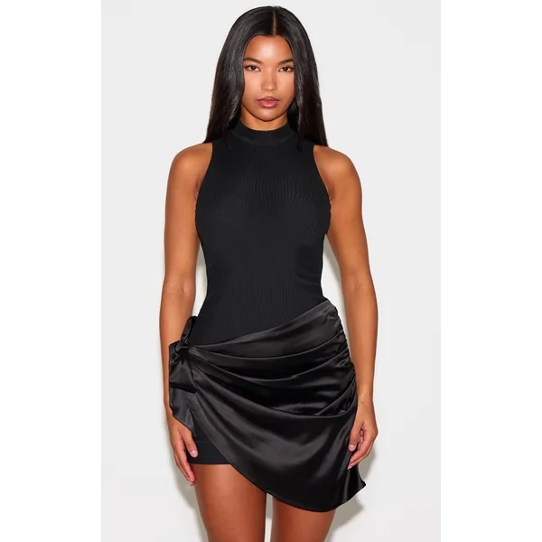 Black Woven High Neck Satin Drape Mini Dress