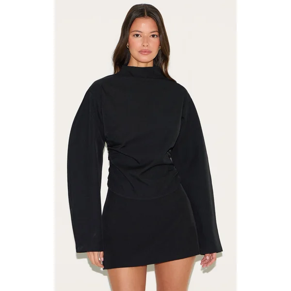 Black Woven Highneck Fitted Top