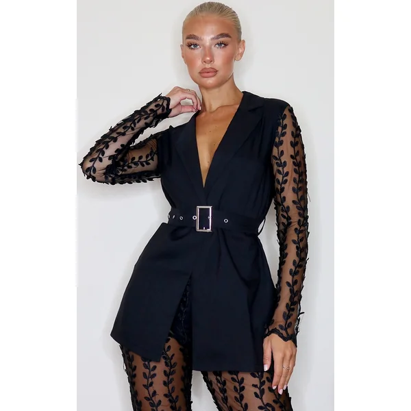 Black Woven Lace Sleeve Belt Blazer