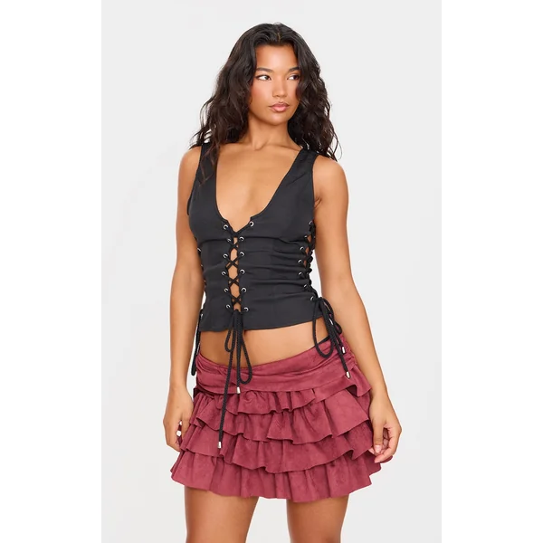 Black Woven Lace Up Detail Plunge Sleeveless Top