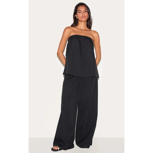 Black Woven Mid Rise Wide Leg Pants