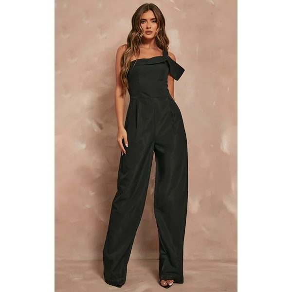Black Woven One Shoulder Pleated Detail Wide Leg Jumpsuit