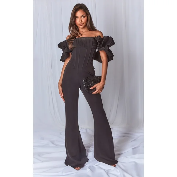 Black Woven Pleated Corset Detail Bardot Frill Jumpsuit.